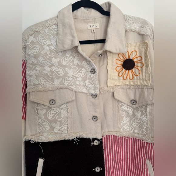 POL Cream Patchwork Twill Jacket w Lace & Sunflower Details Size Small - Picture 4 of 10
